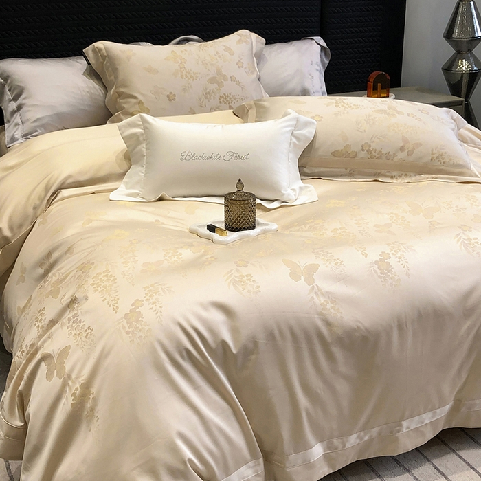 91家纺网 家纺一手货源 找家纺 黑白森林 2025新款50S高支天丝棉色织提花四件套 鸢蝶舞-香槟