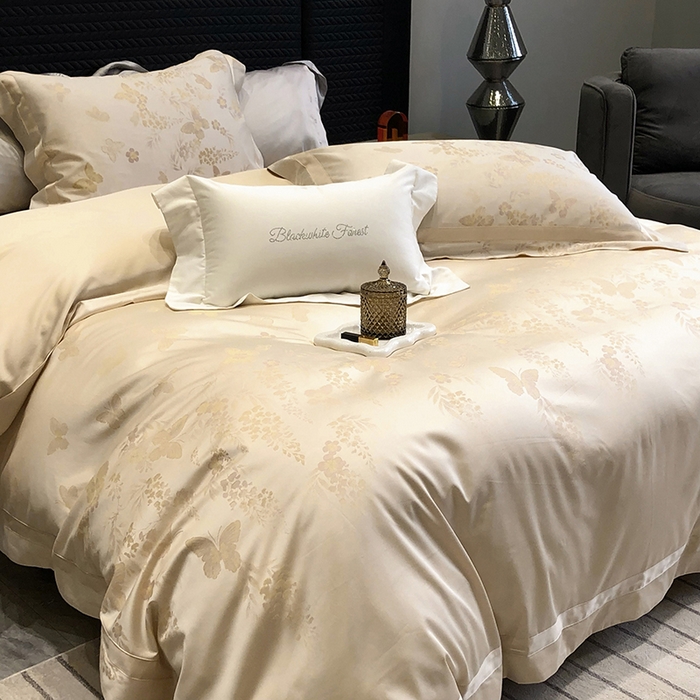 91家纺网 家纺一手货源 找家纺 黑白森林 2025新款50S高支天丝棉色织提花四件套 鸢蝶舞-香槟