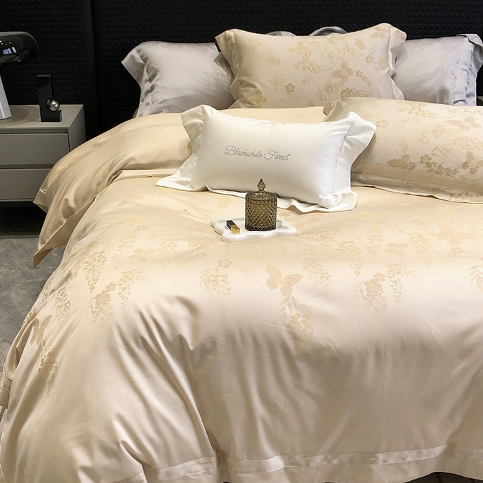 91家纺网 家纺一手货源 找家纺 黑白森林 2025新款50S高支天丝棉色织提花四件套 鸢蝶舞-香槟