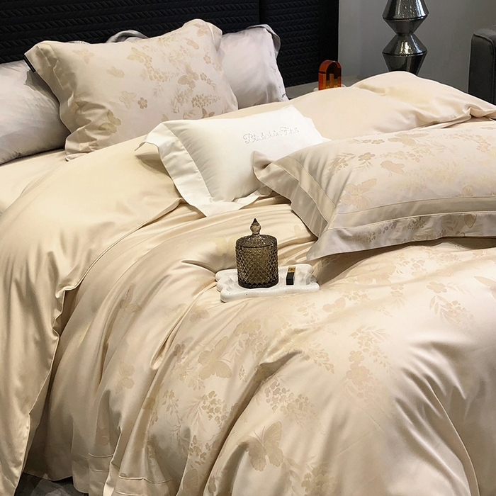 91家纺网 家纺一手货源 找家纺 黑白森林 2025新款50S高支天丝棉色织提花四件套 鸢蝶舞-香槟