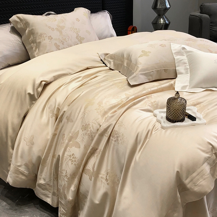 91家纺网 家纺一手货源 找家纺 黑白森林 2025新款50S高支天丝棉色织提花四件套 鸢蝶舞-香槟