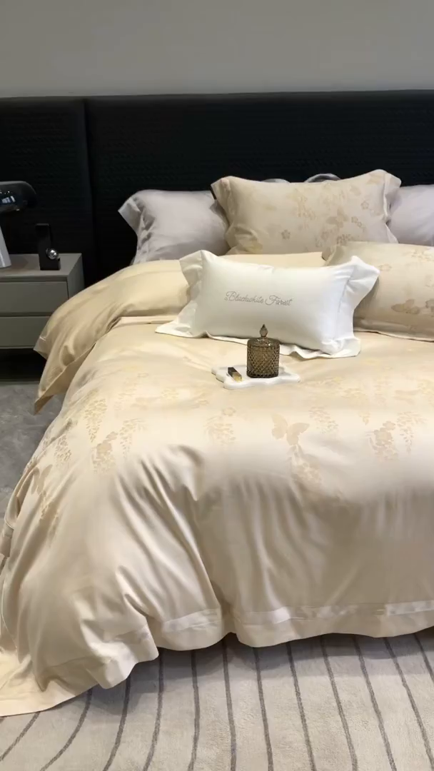 91家纺网 家纺一手货源 找家纺 黑白森林 2025新款50S高支天丝棉色织提花四件套 鸢蝶舞-香槟