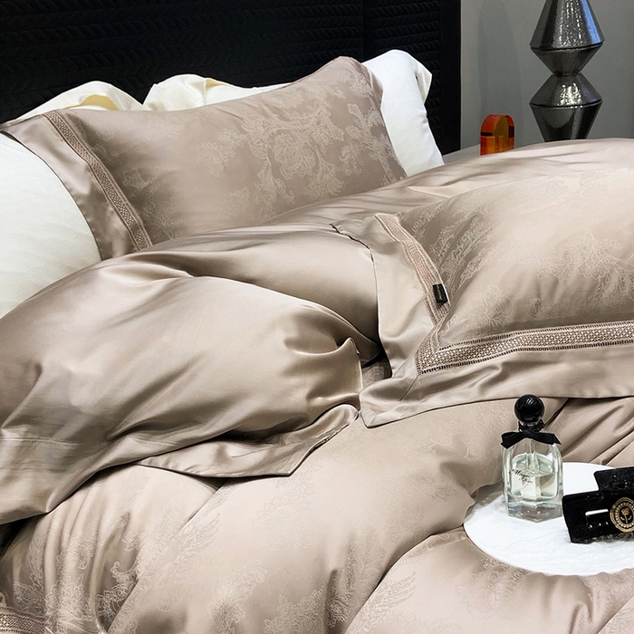 91家纺网 家纺一手货源 找家纺 黑白森林 2025新款80S超细旦天丝棉提花四件套 露华浓-雅典咖