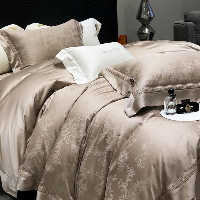 91家纺网 家纺一手货源 找家纺 黑白森林 2025新款80S超细旦天丝棉提花四件套 露华浓-雅典咖