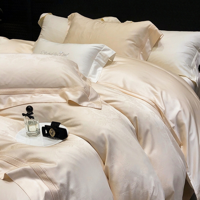 91家纺网 家纺一手货源 找家纺 黑白森林 2025新款80S超细旦天丝棉提花四件套 露华浓-云杏色