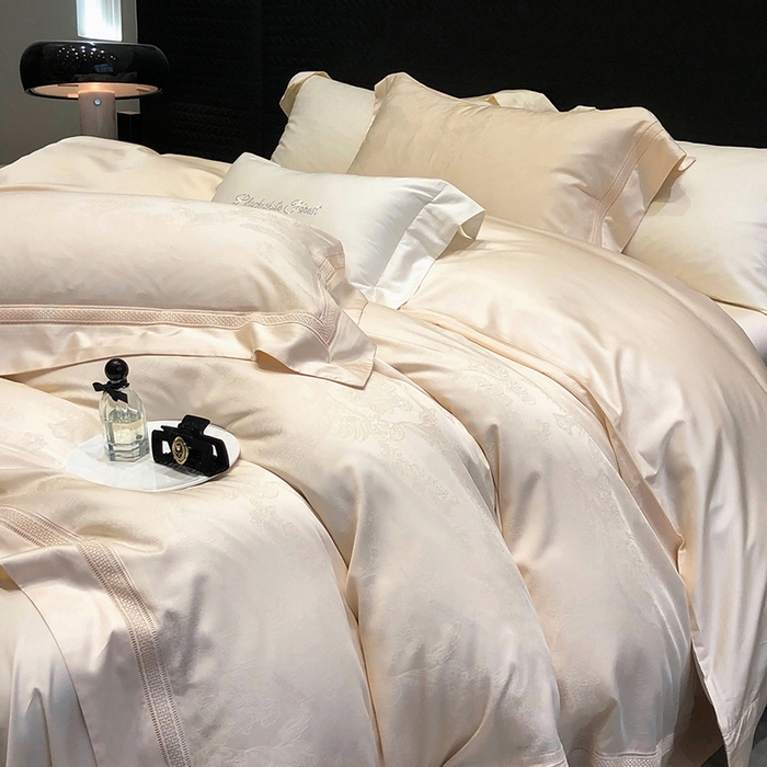 91家纺网 家纺一手货源 找家纺 黑白森林 2025新款80S超细旦天丝棉提花四件套 露华浓-云杏色