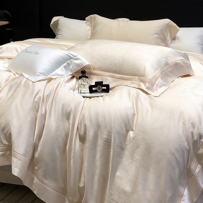 91家纺网 家纺一手货源 找家纺 黑白森林 2025新款80S超细旦天丝棉提花四件套 露华浓-云杏色