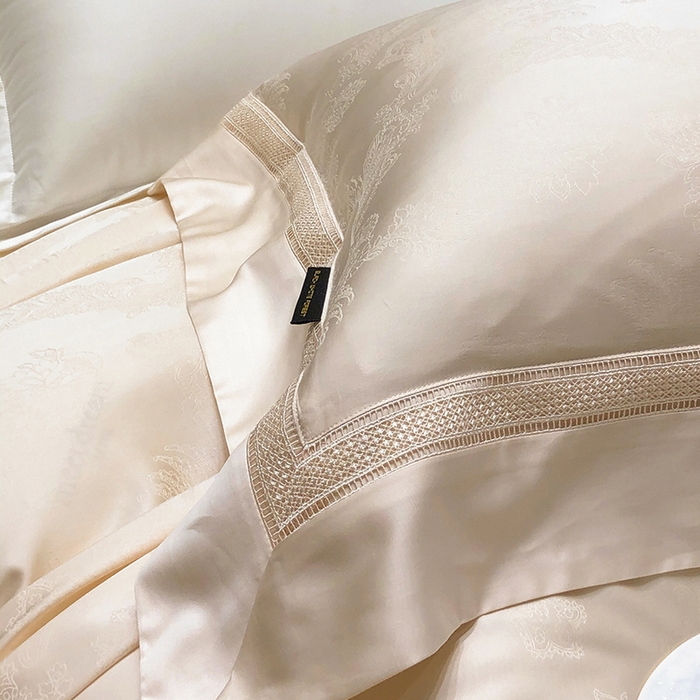 91家纺网 家纺一手货源 找家纺 黑白森林 2025新款80S超细旦天丝棉提花四件套 露华浓-云杏色