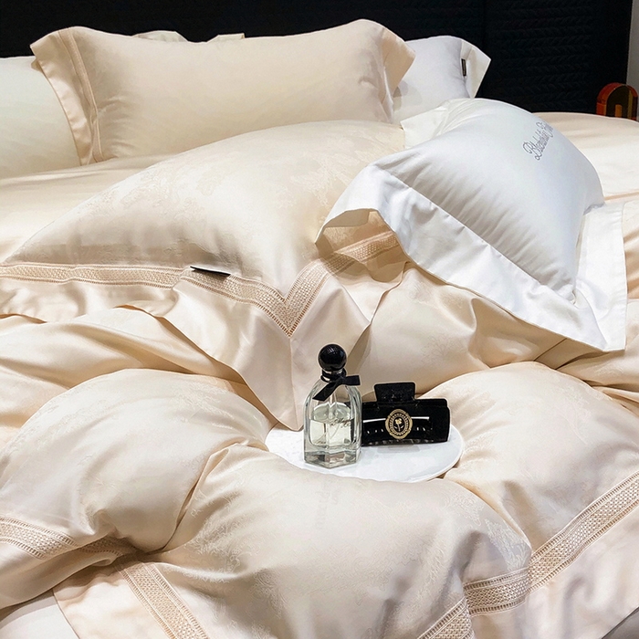 91家纺网 家纺一手货源 找家纺 黑白森林 2025新款80S超细旦天丝棉提花四件套 露华浓-云杏色