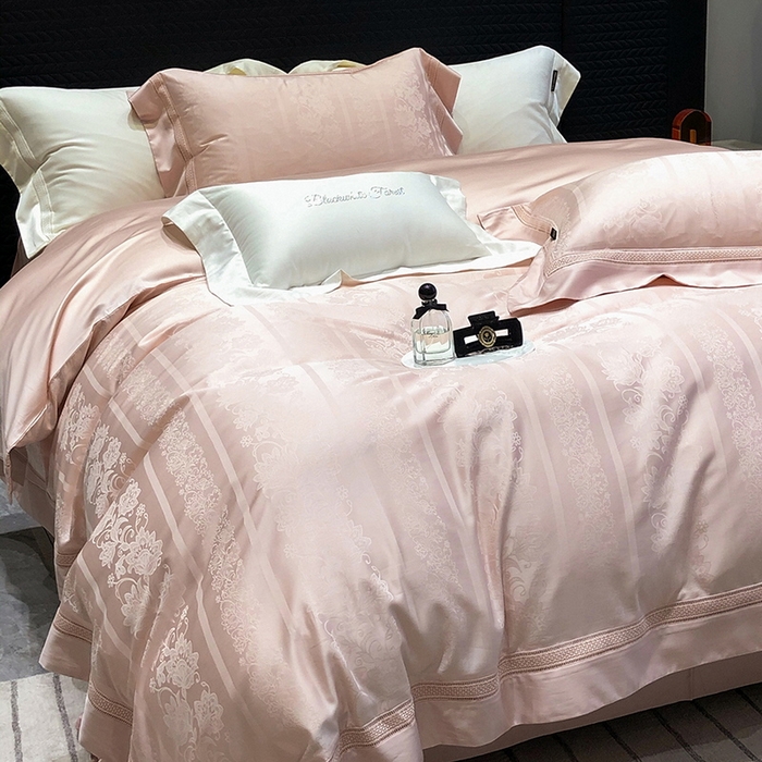 91家纺网 家纺一手货源 找家纺 黑白森林 2025新款80S超细旦天丝棉提花四件套 维奥拉-云黛粉