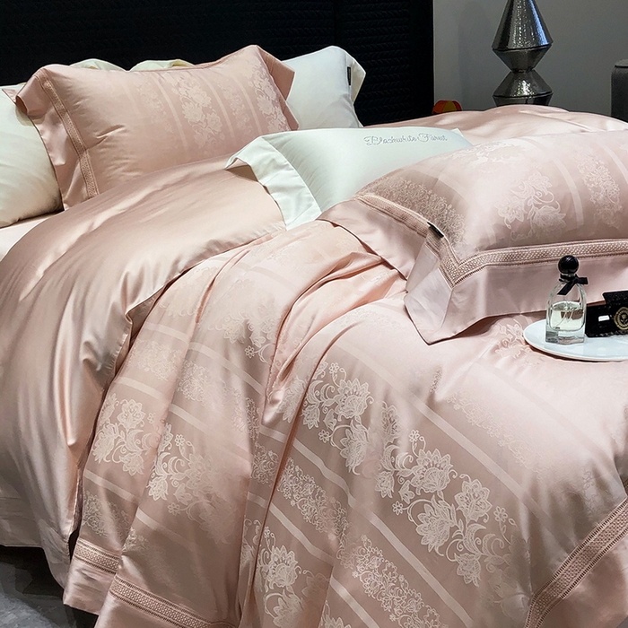 91家纺网 家纺一手货源 找家纺 黑白森林 2025新款80S超细旦天丝棉提花四件套 维奥拉-云黛粉