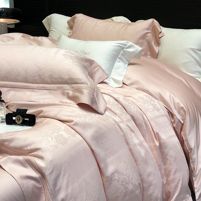 91家纺网 家纺一手货源 找家纺 黑白森林 2025新款80S超细旦天丝棉提花四件套 维奥拉-云黛粉