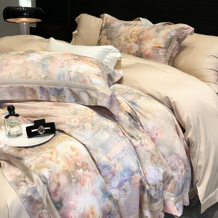 91家纺网 家纺一手货源 找家纺 黑白森林 2025新款高支天丝棉数码印花 套件系列四件套 爱丁堡花园-驼