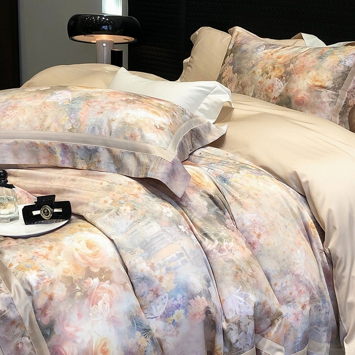 91家纺网 家纺一手货源 找家纺 黑白森林 2025新款高支天丝棉数码印花 套件系列四件套 爱丁堡花园-驼