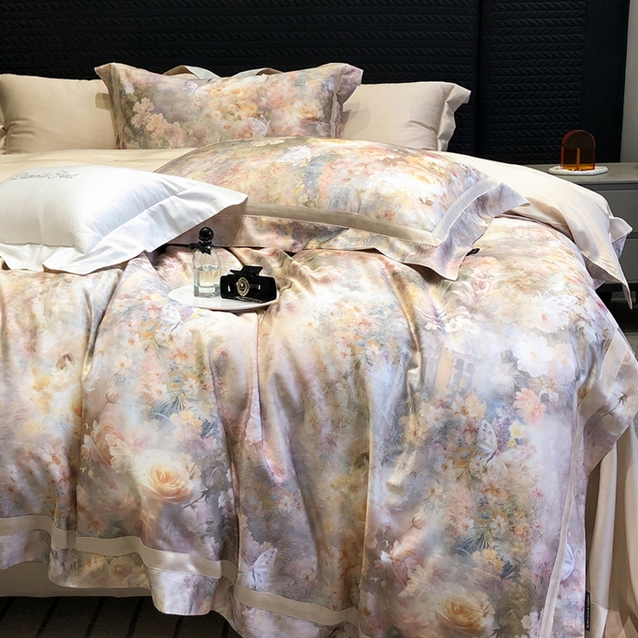 91家纺网 家纺一手货源 找家纺 黑白森林 2025新款高支天丝棉数码印花 套件系列四件套 爱丁堡花园-驼