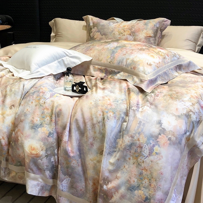 91家纺网 家纺一手货源 找家纺 黑白森林 2025新款高支天丝棉数码印花 套件系列四件套 爱丁堡花园-驼