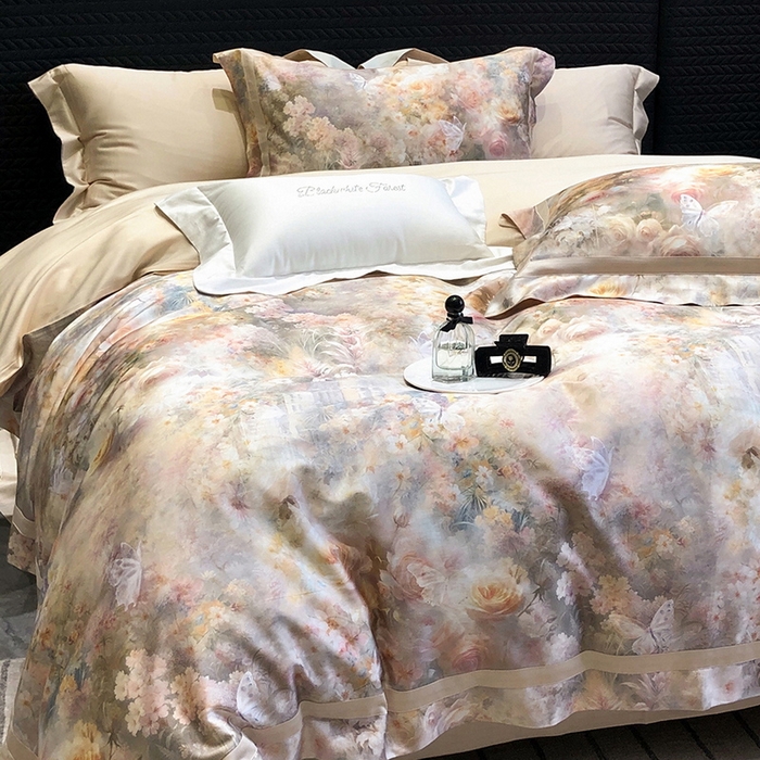 91家纺网 家纺一手货源 找家纺 黑白森林 2025新款高支天丝棉数码印花 套件系列四件套 爱丁堡花园-驼