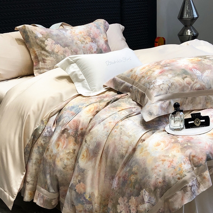 91家纺网 家纺一手货源 找家纺 黑白森林 2025新款高支天丝棉数码印花 套件系列四件套 爱丁堡花园-驼