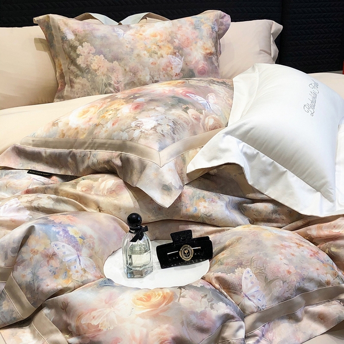 91家纺网 家纺一手货源 找家纺 黑白森林 2025新款高支天丝棉数码印花 套件系列四件套 爱丁堡花园-驼