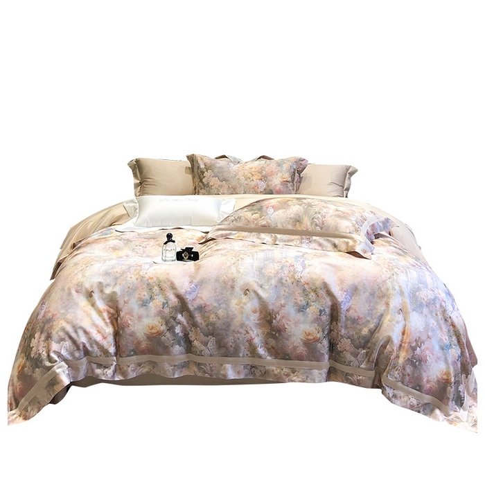 91家纺网 家纺一手货源 找家纺 黑白森林 2025新款高支天丝棉数码印花 套件系列四件套 爱丁堡花园-驼