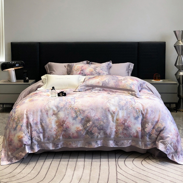 91家纺网 家纺一手货源 找家纺 黑白森林 2025新款高支天丝棉数码印花 套件系列四件套 爱丁堡花园-紫