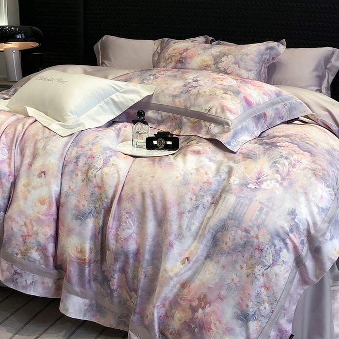 91家纺网 家纺一手货源 找家纺 黑白森林 2025新款高支天丝棉数码印花 套件系列四件套 爱丁堡花园-紫