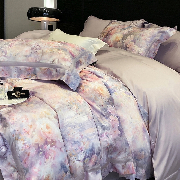 91家纺网 家纺一手货源 找家纺 黑白森林 2025新款高支天丝棉数码印花 套件系列四件套 爱丁堡花园-紫