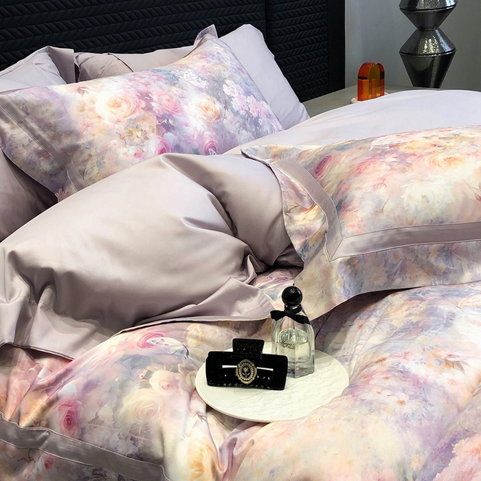 91家纺网 家纺一手货源 找家纺 黑白森林 2025新款高支天丝棉数码印花 套件系列四件套 爱丁堡花园-紫