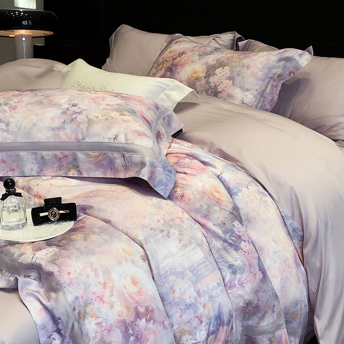 91家纺网 家纺一手货源 找家纺 黑白森林 2025新款高支天丝棉数码印花 套件系列四件套 爱丁堡花园-紫