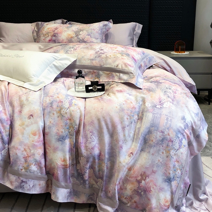 91家纺网 家纺一手货源 找家纺 黑白森林 2025新款高支天丝棉数码印花 套件系列四件套 爱丁堡花园-紫