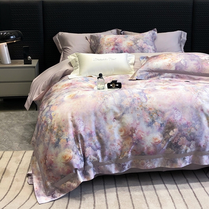 91家纺网 家纺一手货源 找家纺 黑白森林 2025新款高支天丝棉数码印花 套件系列四件套 爱丁堡花园-紫