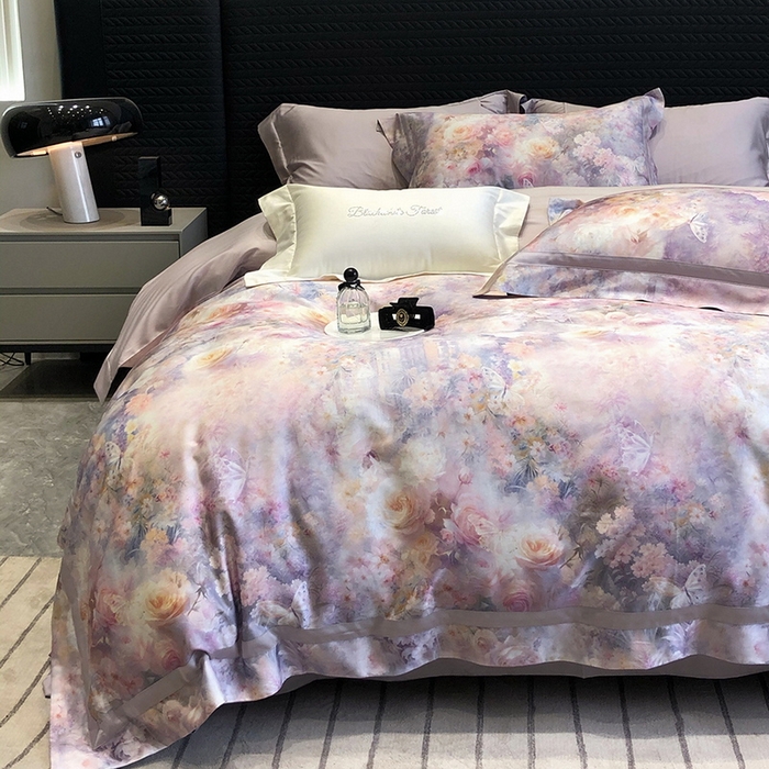 91家纺网 家纺一手货源 找家纺 黑白森林 2025新款高支天丝棉数码印花 套件系列四件套 爱丁堡花园-紫