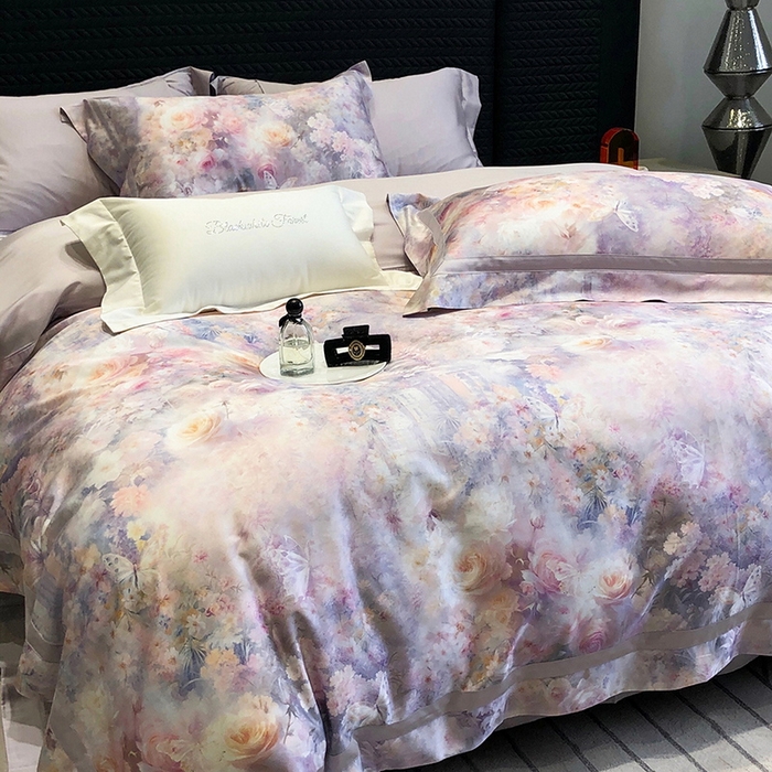 91家纺网 家纺一手货源 找家纺 黑白森林 2025新款高支天丝棉数码印花 套件系列四件套 爱丁堡花园-紫