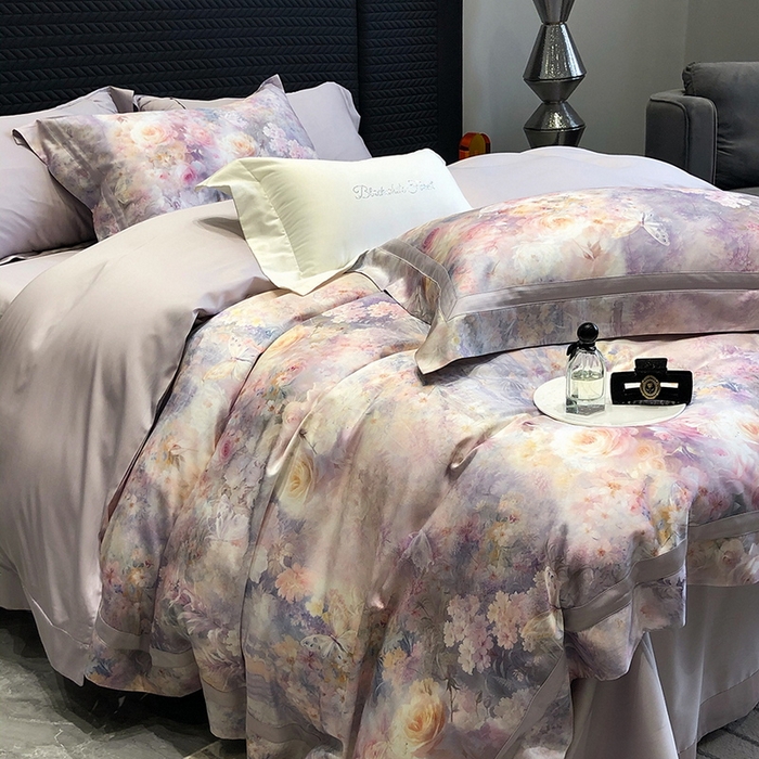 91家纺网 家纺一手货源 找家纺 黑白森林 2025新款高支天丝棉数码印花 套件系列四件套 爱丁堡花园-紫