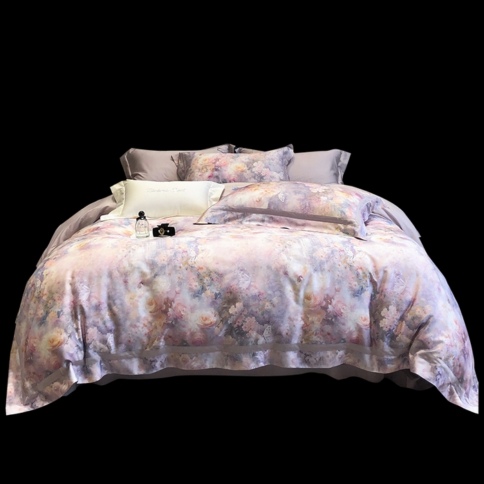 91家纺网 家纺一手货源 找家纺 黑白森林 2025新款高支天丝棉数码印花 套件系列四件套 爱丁堡花园-紫