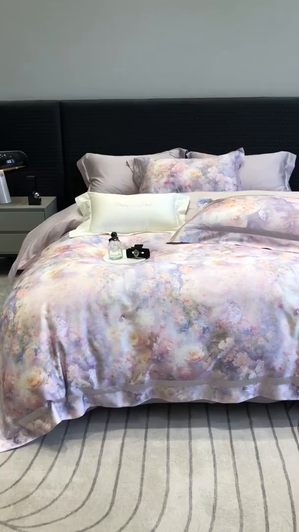 91家纺网 家纺一手货源 找家纺 黑白森林 2025新款高支天丝棉数码印花 套件系列四件套 爱丁堡花园-紫