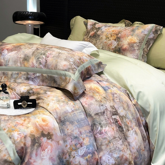 91家纺网 家纺一手货源 找家纺 黑白森林 2025新款高支天丝棉数码印花 套件系列四件套 安纳花园-绿