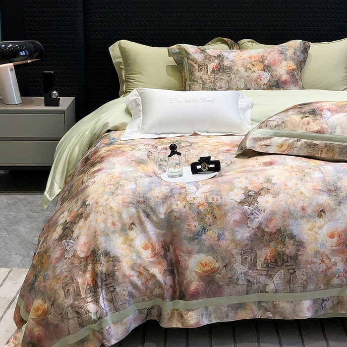 91家纺网 家纺一手货源 找家纺 黑白森林 2025新款高支天丝棉数码印花 套件系列四件套 安纳花园-绿