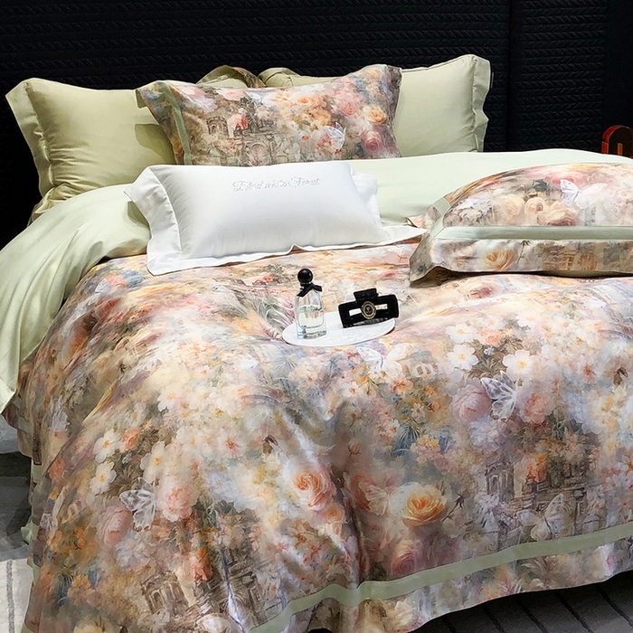 91家纺网 家纺一手货源 找家纺 黑白森林 2025新款高支天丝棉数码印花 套件系列四件套 安纳花园-绿