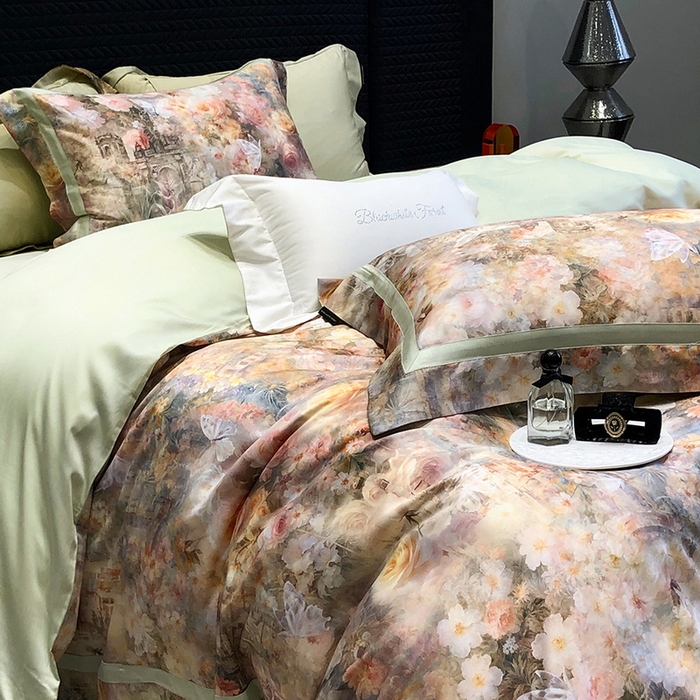 91家纺网 家纺一手货源 找家纺 黑白森林 2025新款高支天丝棉数码印花 套件系列四件套 安纳花园-绿