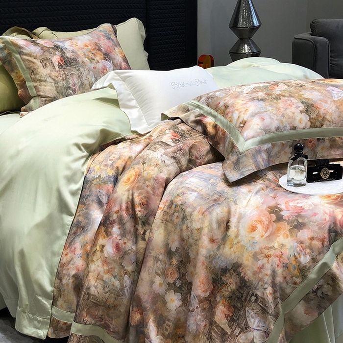 91家纺网 家纺一手货源 找家纺 黑白森林 2025新款高支天丝棉数码印花 套件系列四件套 安纳花园-绿