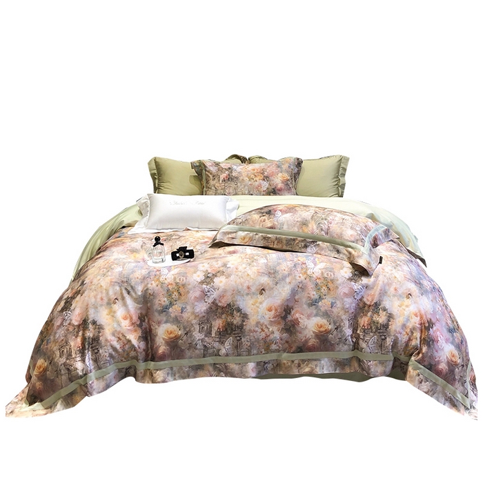 91家纺网 家纺一手货源 找家纺 黑白森林 2025新款高支天丝棉数码印花 套件系列四件套 安纳花园-绿