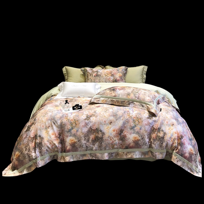 91家纺网 家纺一手货源 找家纺 黑白森林 2025新款高支天丝棉数码印花 套件系列四件套 安纳花园-绿