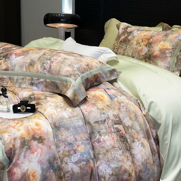 91家纺网 家纺一手货源 找家纺 黑白森林 2025新款高支天丝棉数码印花 套件系列四件套 安纳花园-绿