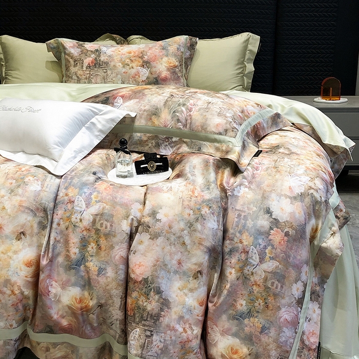 91家纺网 家纺一手货源 找家纺 黑白森林 2025新款高支天丝棉数码印花 套件系列四件套 安纳花园-绿