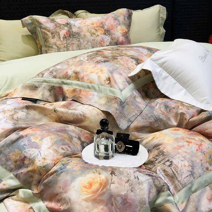 91家纺网 家纺一手货源 找家纺 黑白森林 2025新款高支天丝棉数码印花 套件系列四件套 安纳花园-绿