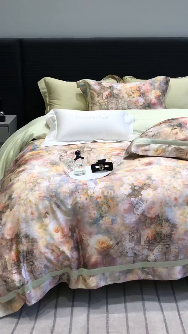 91家纺网 家纺一手货源 找家纺 黑白森林 2025新款高支天丝棉数码印花 套件系列四件套 安纳花园-绿