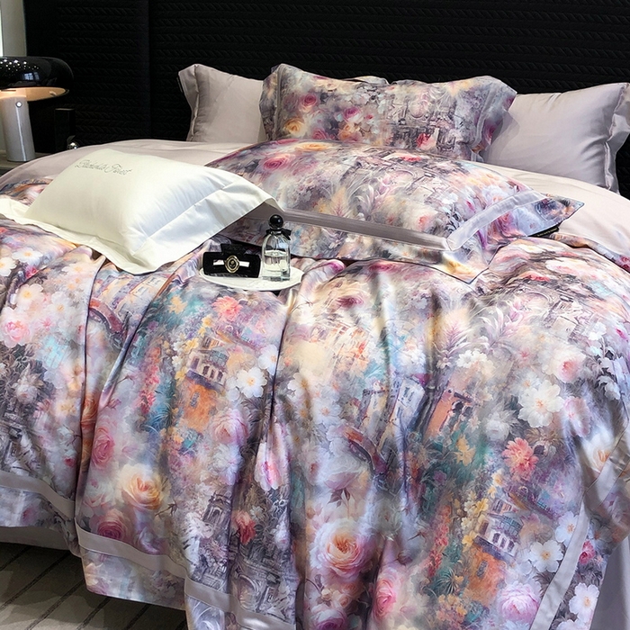 91家纺网 家纺一手货源 找家纺 黑白森林 2025新款高支天丝棉数码印花 套件系列四件套 安纳花园-紫