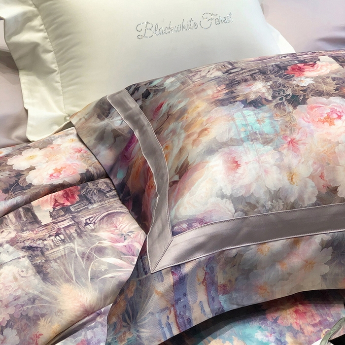 91家纺网 家纺一手货源 找家纺 黑白森林 2025新款高支天丝棉数码印花 套件系列四件套 安纳花园-紫