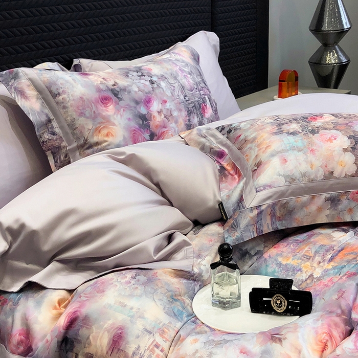 91家纺网 家纺一手货源 找家纺 黑白森林 2025新款高支天丝棉数码印花 套件系列四件套 安纳花园-紫